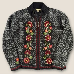 Floral Embroidered Black Lambs Wool Cardigan